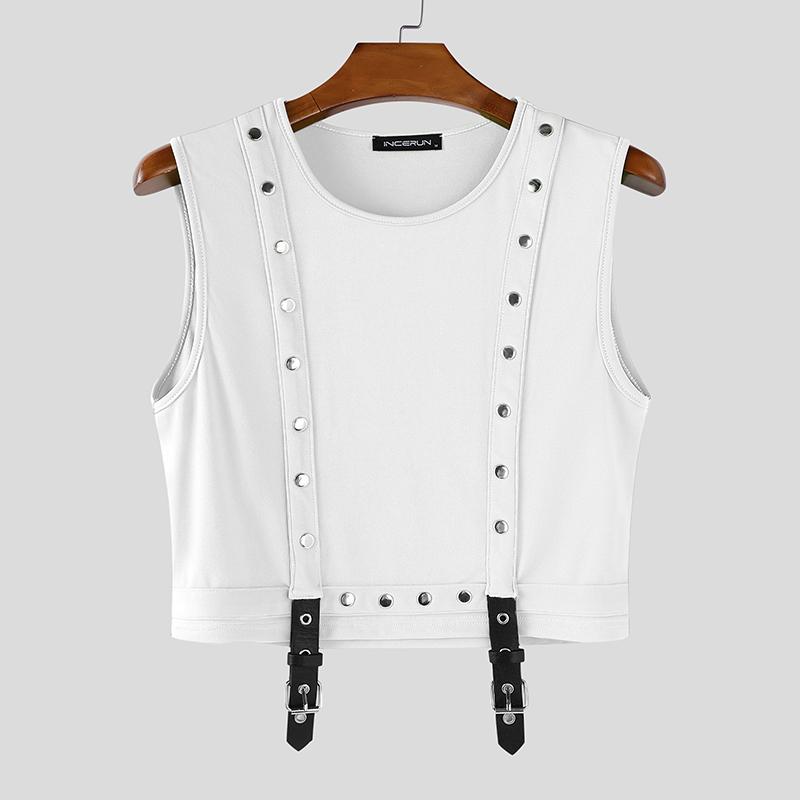 INCERUN Men O Neck Sleeveless Metal Button Patchwork Cropped Tank Tops