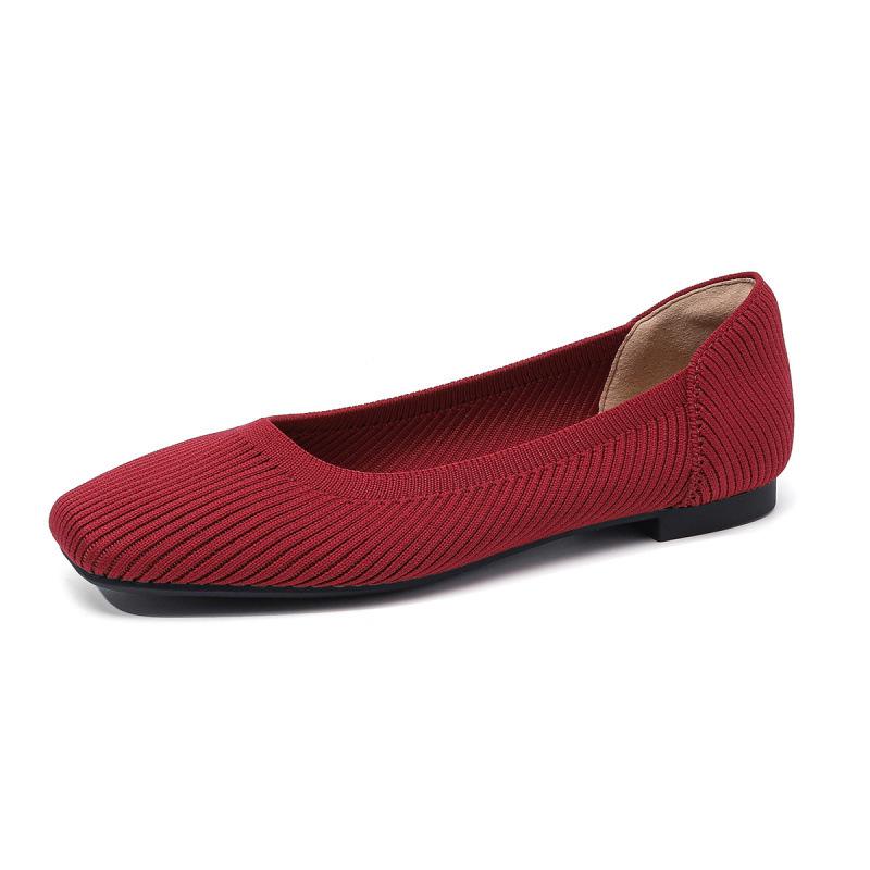 

Flat-bottomed fly-woven single shoes for women s spring and summer new soft-soled square head, light mouth stripes, breathable one-pedal knitting 43 червоний