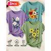 Lele Directional Three-piece set for women, elegant style T Shirt Hibiscus autumn leaves and berries floral print with an artistic and whimsical