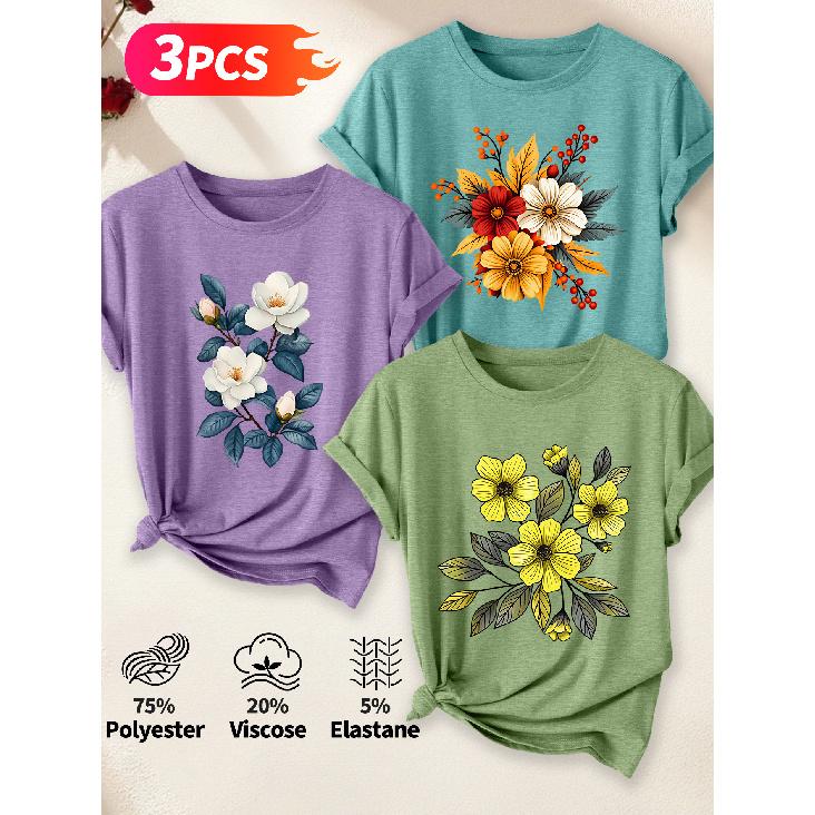 Lele Directional Three-piece set for women, elegant style T Shirt Hibiscus autumn leaves and berries floral print with an artistic and whimsical