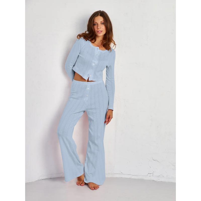 Women Long Sleeve Long Pants Hollow Out Jacquard Home Wear Pajama Set