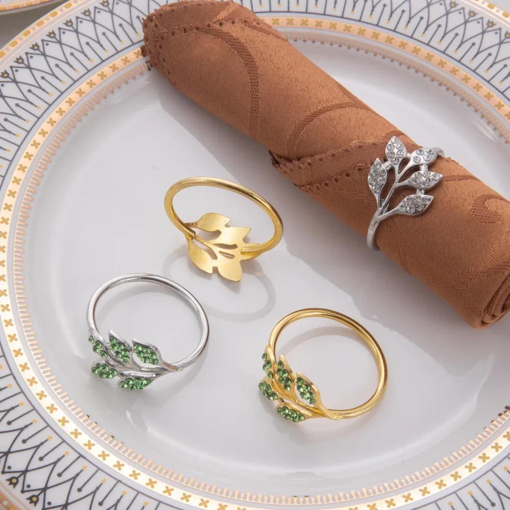 6-48PC High-End Metal Napkin Rings Diamond Pattern Leaf Motif Decorative Clips for Wedding Banquet Hotel Table Settings