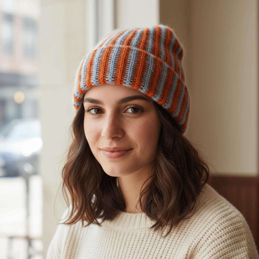 Bonnet Tricoté Rayé Bonnet Pull-Over Anti-Froid Chapeau Chaud Tendance Automne Hiver