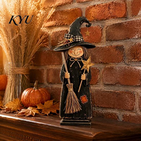 Hand Painted Witch Figurine Sets Vintage Wooden Figurine, Halloween Statues with Small for Countertop Broom Pumpkin Black Cat, Fall Farmhouse Tabletop