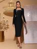 2025 Slim Fit Hot Drill Square Neck Long Sleeve Midi Bandage Dress for Women