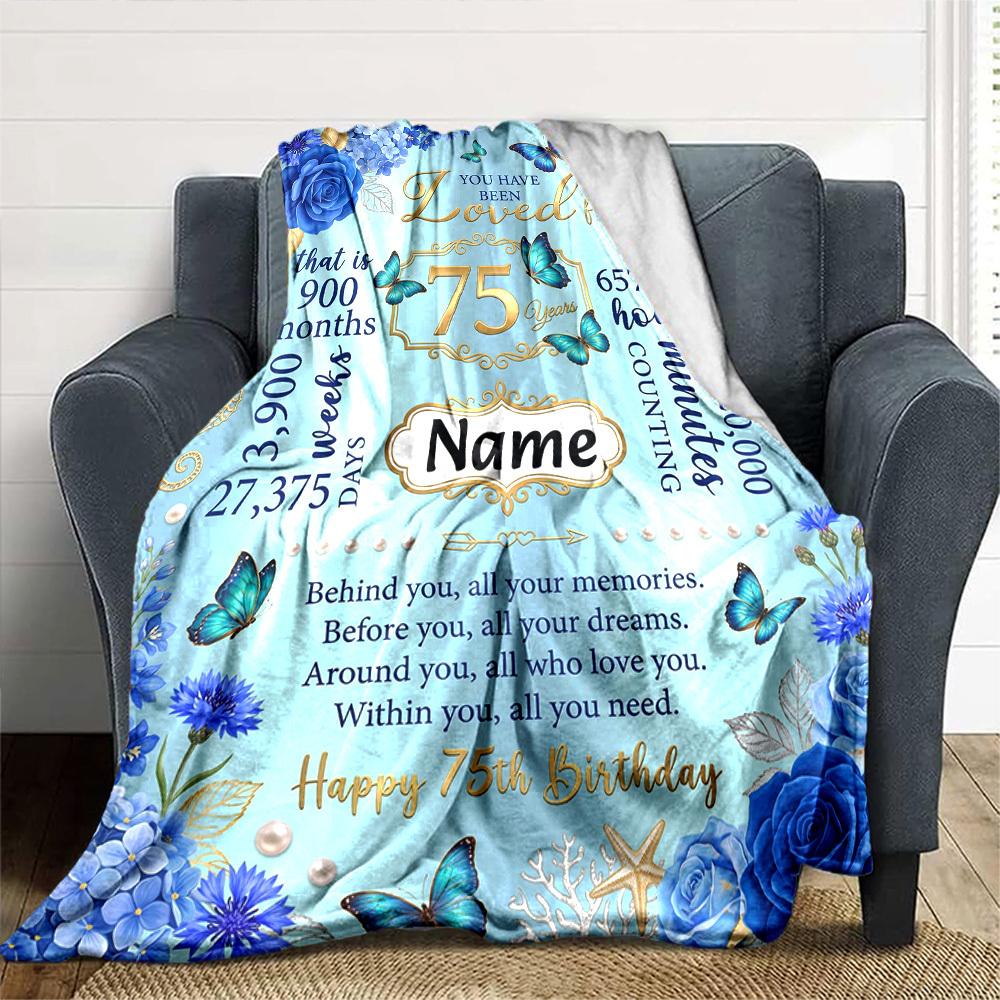 75Th Birthday Celebration Blanket Personalized Name Soft Warm And Versatile For Sofa Bed Office And Travel Machine Washable Comfortable In All Seasons
