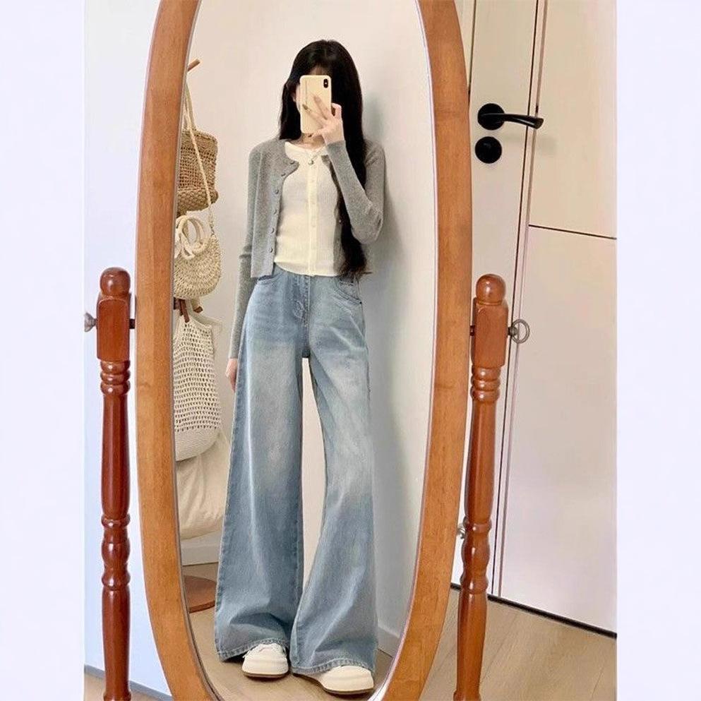 Light-coloured Wide-legged Jeans Female Large Size Loose Skinny Pear-shaped Drape Straight Straight Trousers Jeans for Women Long Denim Pants