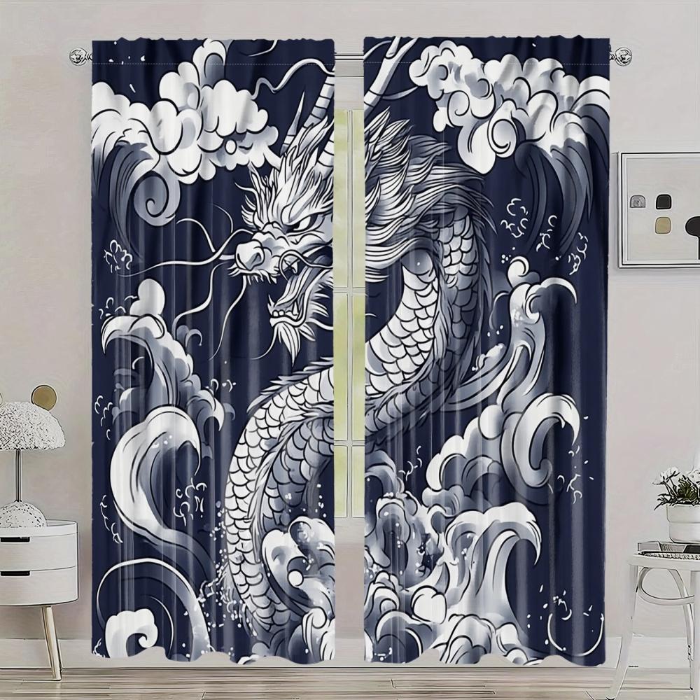 2PC Classic Asian Dragon Blackout Curtains – Chinese Dragon & Japanese Wave Design   Polyester for Bedroom