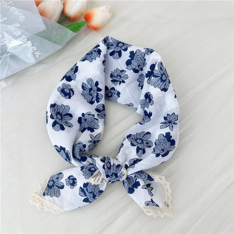 Cotton Linen Lace Edge Square Scarves 60cm Kerchief Neckerchief Bandanas Women Casual Neck Scarf Plaid Print Geometric Pattern