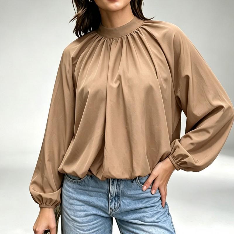 Womens Loose Fit Solid Color Blouse With Tie Neck Lantern Sleeves Office Wear Fall 2026