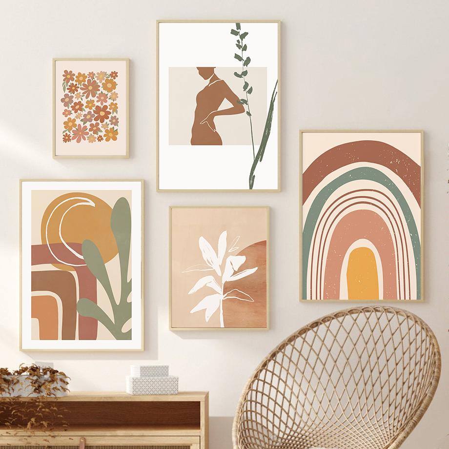Boho Minimalistisch Sonne Regenbogen Blume Blätter Wandkunst Leinwandbild Abstrakt Nordische Poster Drucke Bilder Für Wohnzimmer Dekoration