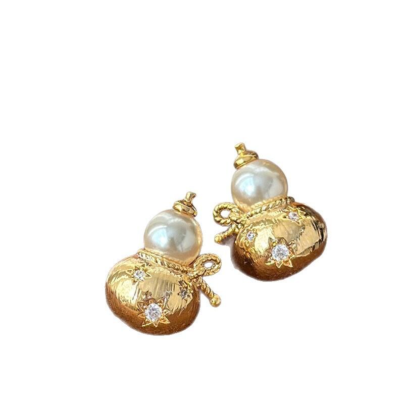 Fashion Brushed Zircon Metal Gourd Earrings for Women Girls Elegant Imitation Pearl Stud Earrings Wedding Jewelry Accessories