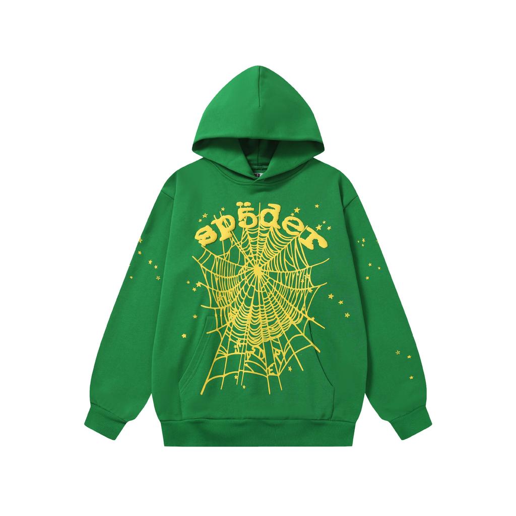 A high-quality SP5DER spider web foam printed hoodie, European and American large-size loose sweater.
