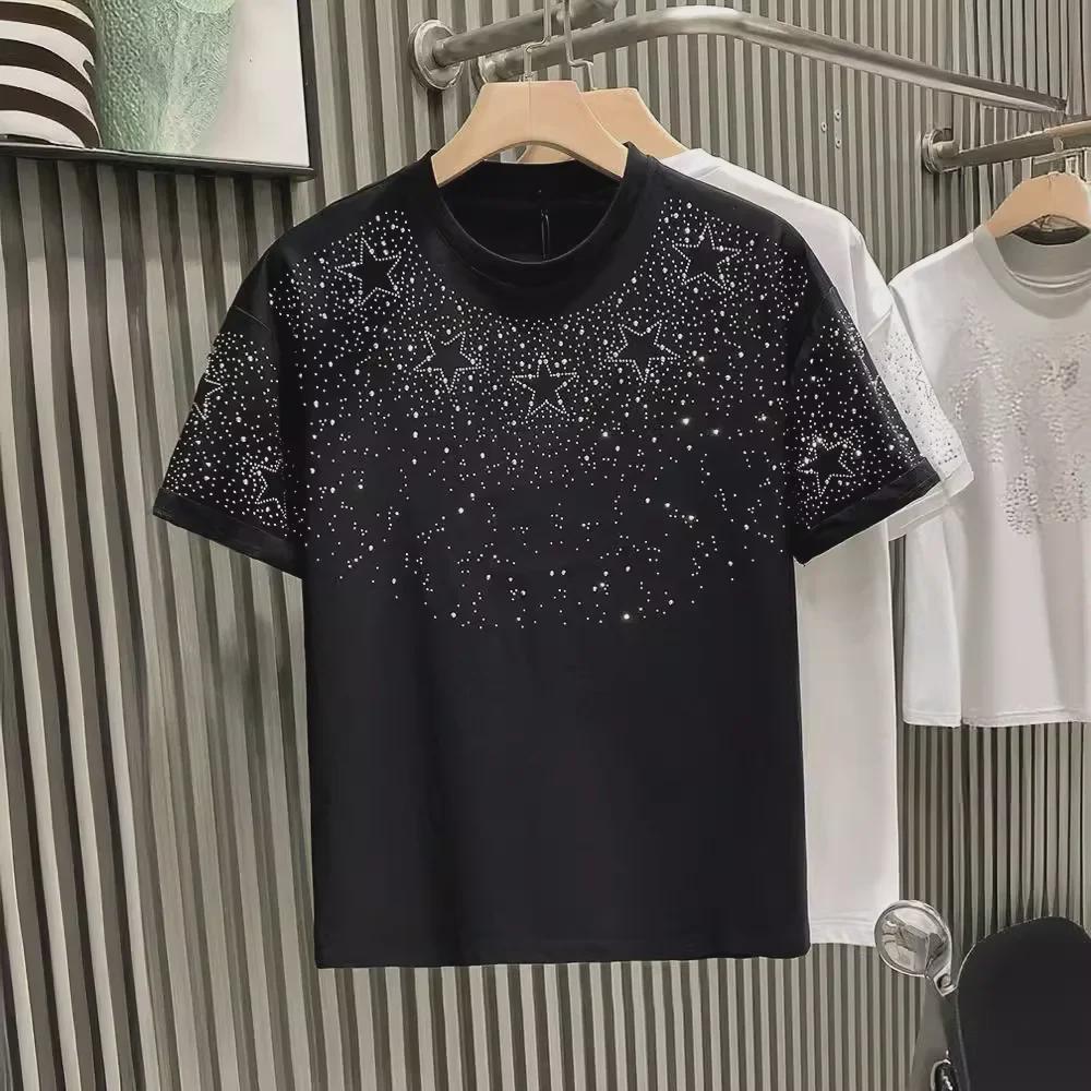 Europejska Moda Luksusowy Męski T-shirt z Krótkim Rękawem Niszowy z Gwiazdą i Diamentem
