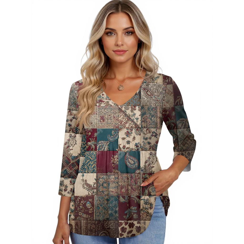 Women's T Shirt Print 3/4 Sleeve Fashion Basic V- Neck Regular Top