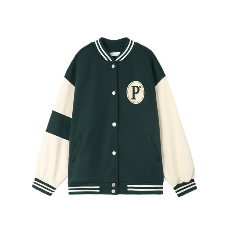 Contrast Color Baseball Uniform for Women Autumn New Retro Loose Mid-length Letter Style Long-sleeved Jacket
