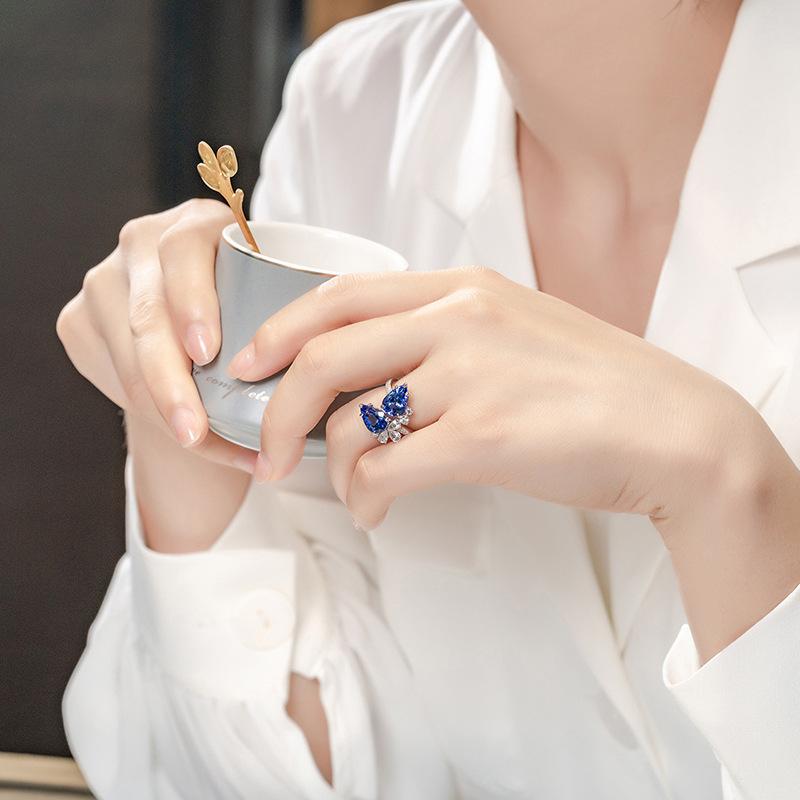 Temperament Online Double Diamond Tanzanian Blue Water Drop Pear-Shaped Ring, Simulated Sapphire Colored Treasure Open Ring For Women