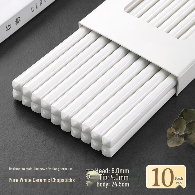 ZISIZ Jingdezhen Ceramic Chopsticks - 10 Pairs Pure White