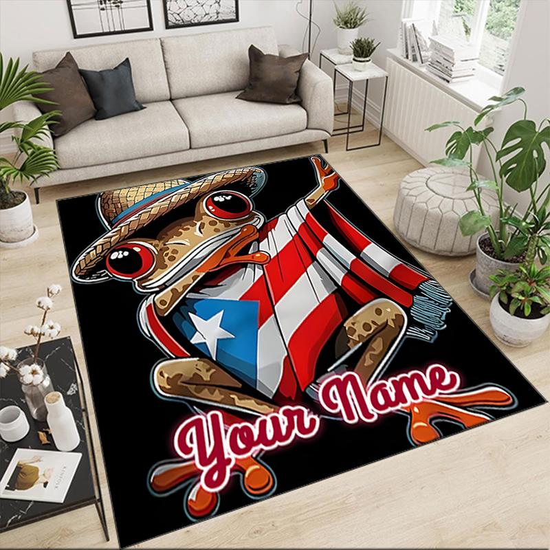 1PC Custom Name Frog Puerto Rican flag. Theme Floor Mat Ideal for Living Room, Game Rooms, Office, Bedroom,Floor Mat Playful Design