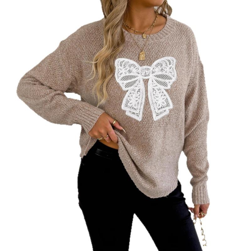 Women S Round Neck Long Sleeve Pullover Sweater Featuring Embroidered Lace Butterfly Splicing