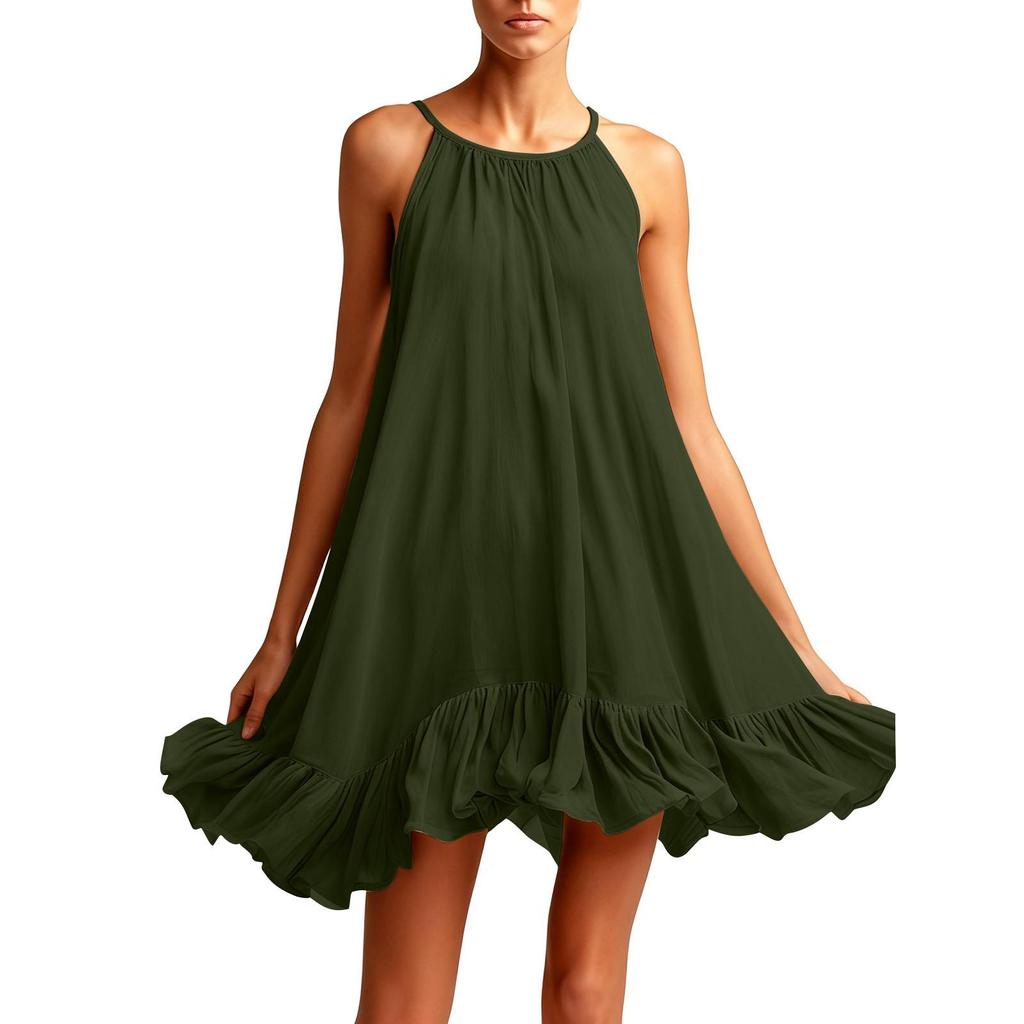 Spring Summer Sleeveless Pleated Halter Vacation Dress for Women