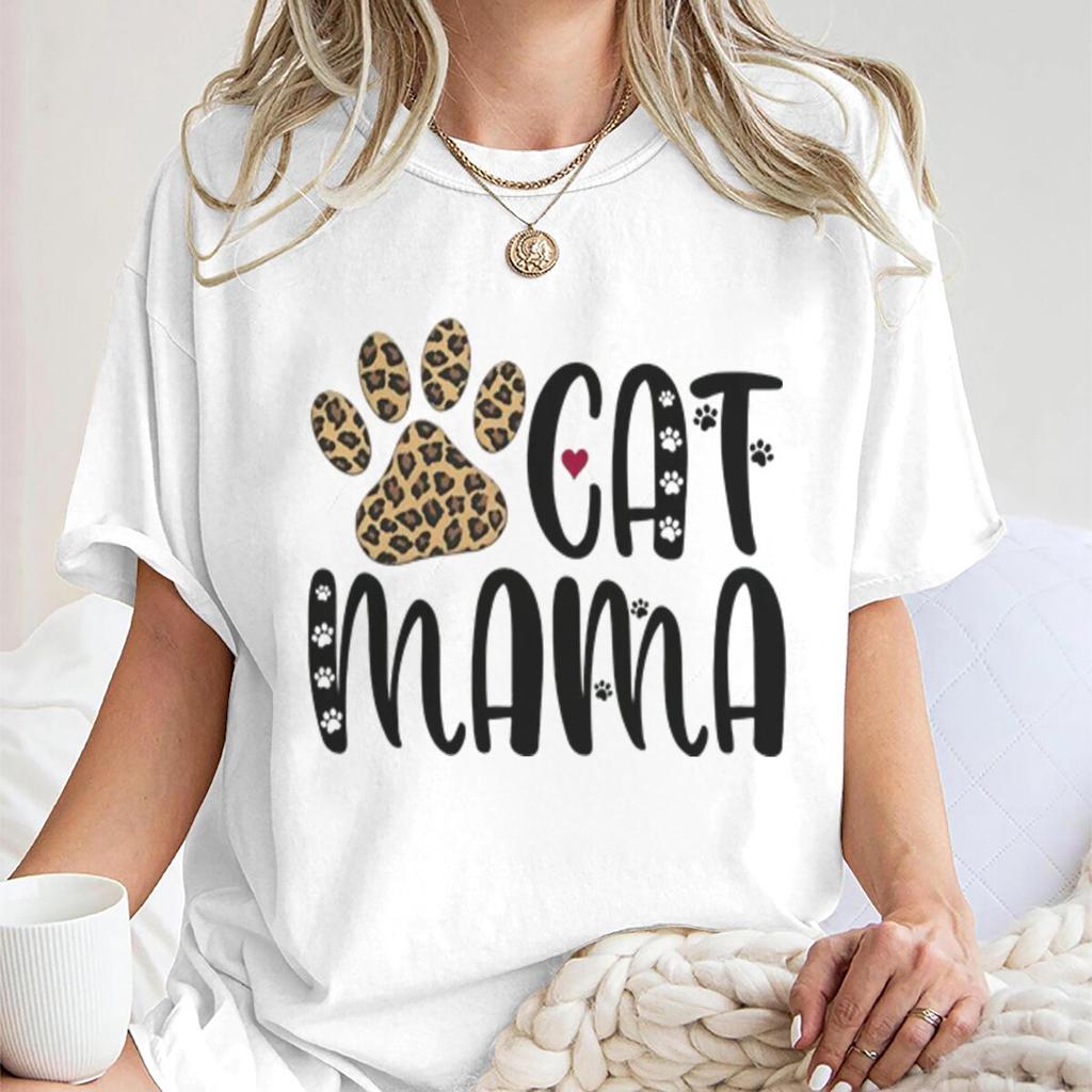Cat Mama Vintage Cat Paw Printed T Shirts Women Casual Short Sleeve Tshirts Round Neck Tees For Animal Lover Gifts Female Tops