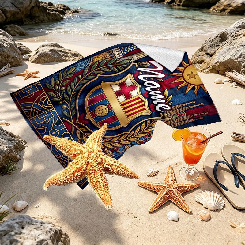 Serviette de Plage Personnalisée avec Nom Club de Football Barcelone, pour Voyage Camping Fête à la Plage Décoration Intérieure, Cadeau d'Anniversaire pour la Famille et les Amis