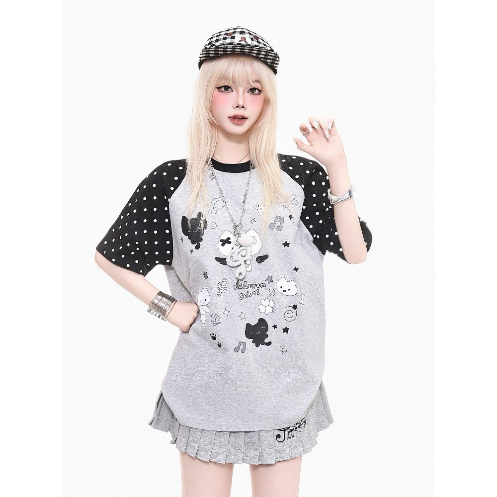 Women s Summer Casual T-Shirt, Sweet Polka Dot Color Block Loose Crew Neck Short Sleeve XXS