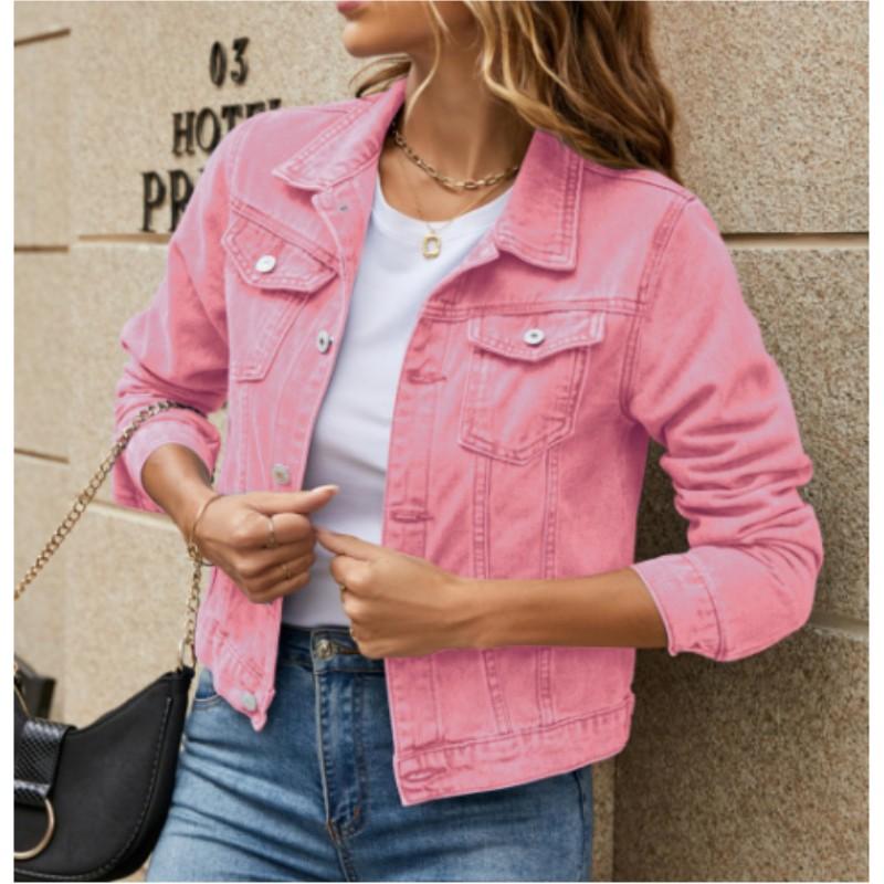 Damen Revers Taschen Einreihig Kurz Denim Jacke Einfarbig Personalisiert Street Jacke