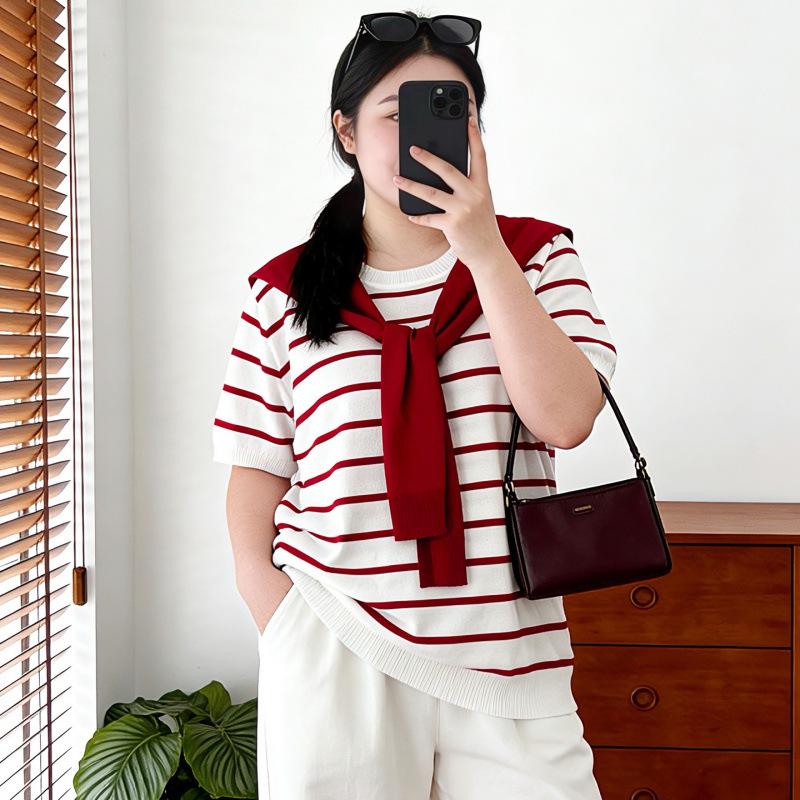 2026 Spring/Summer Plus Size Women s Slim-Fit Shawl Knit Short-Sleeve Two-Piece Set L
