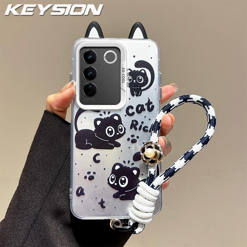 KEYSION Cute Ear Cartoon Case for VIVO V27 5G with Lanyard Soft Silicone+PC Shockproof Phone Back Cover for VIVO V27 5G