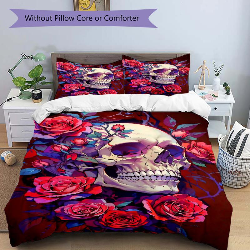 3-teiliges Schädel und Rosen Bettwäsche-Set - Weiches & Bequemes Polyestergewebe, Ganzjahres-Atmungsaktives Bettdecken-Set Für 1 Bettbezug & 2 Kissenbezüge