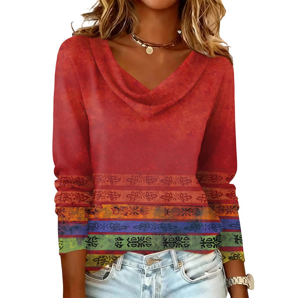 Ladies' Floral Printed Casual And Fashionable Long Sleeved Pullover Top