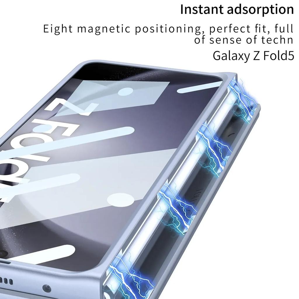 Mattes Hautgefühl für Samsung Galaxy Z Fold 5 Hülle, magnetisches Klappscharnier mit buntem Stiftschlitz, gehärtete Folie, stoßfeste Abdeckung