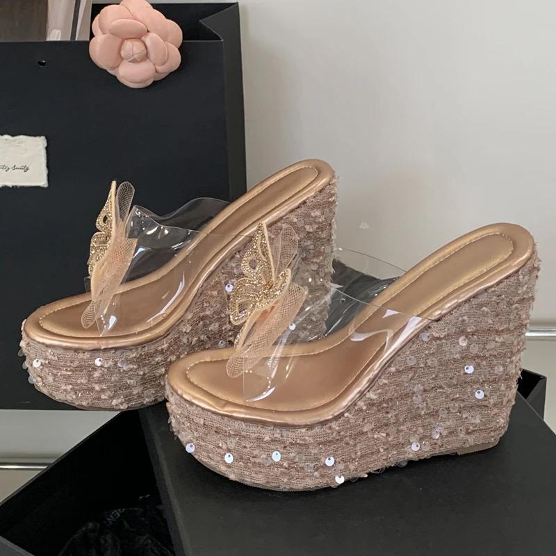 Eilyken Summer New Design Crystal Sequin Cloth Open Toe Slippers Platform Wedges Heels Women PVC Transparent Shoes