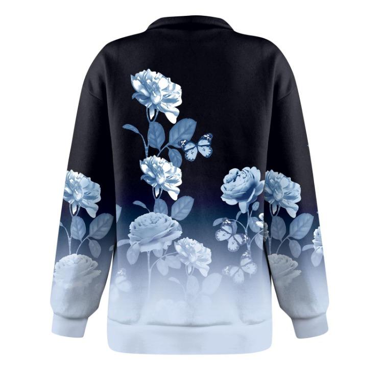 Women's Fashion Casual Oversized Drop Shoulder Floral Print Long Sleeve Zipper Sweatshirts Outdoor
