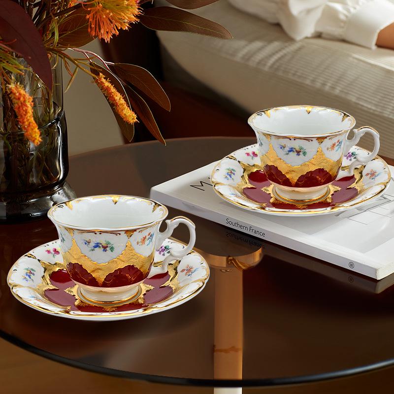 Karosa European Relief Gold Coffee Cup Set - Luxury Gold-Trimmed High-Temperature Bone China Cups & Saucers in Gift Box