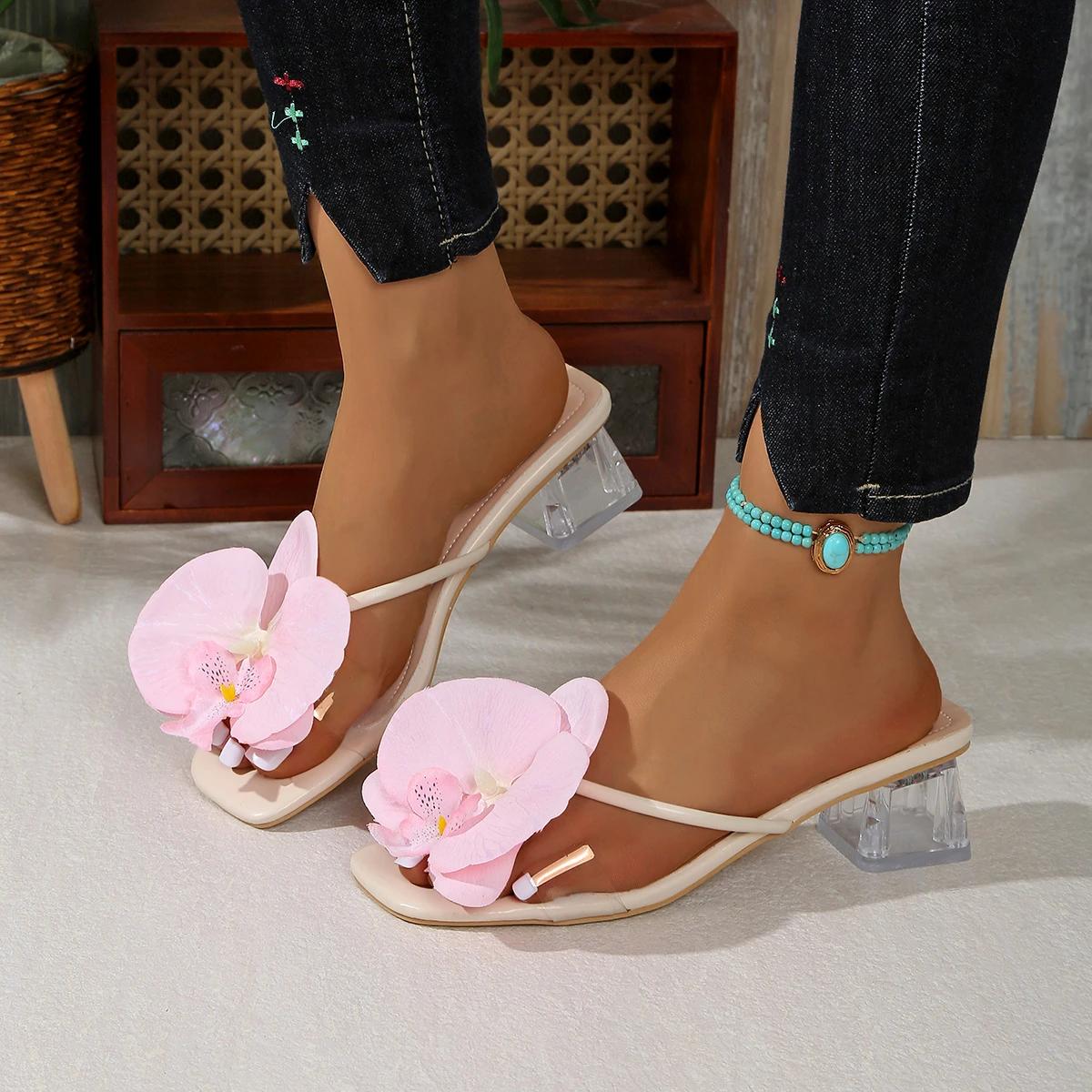 

Fashion Elegant Women High Heel Slippers Brand Shoes Floral Design Mules Casual Fashion Outdoor New Summer Sandals Zapato Mujer 42 розовый