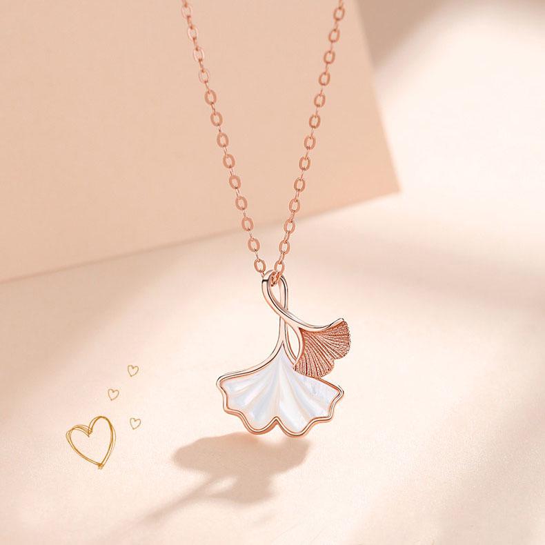 

S925 Sterling Silver Ginkgo Leaf & Apricot Necklace with Mother-of-Pearl Pendant - Women s Exquisite Versatile Fashion Clavicle Chain. 925 Sterling Silver розового золота