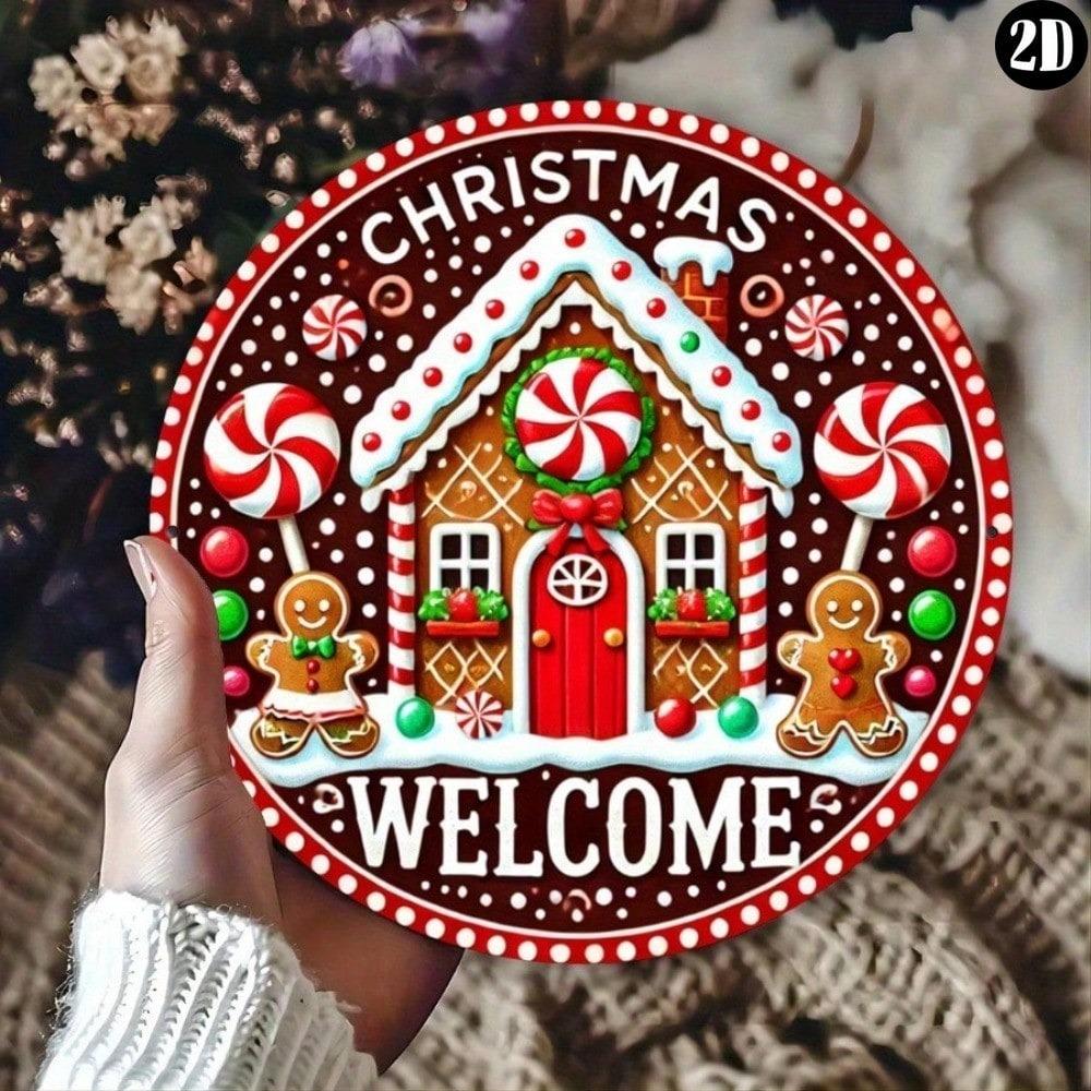 Festive Gingerbread House Metal Wall Sign Christmas Welcome Door Decor Red White Holiday Home
