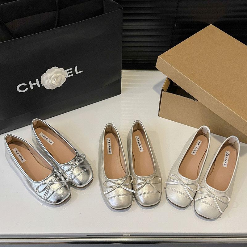 French bow round head ballet shoes fairy shoes flat gentle evening shoes summer new women's small single shoes