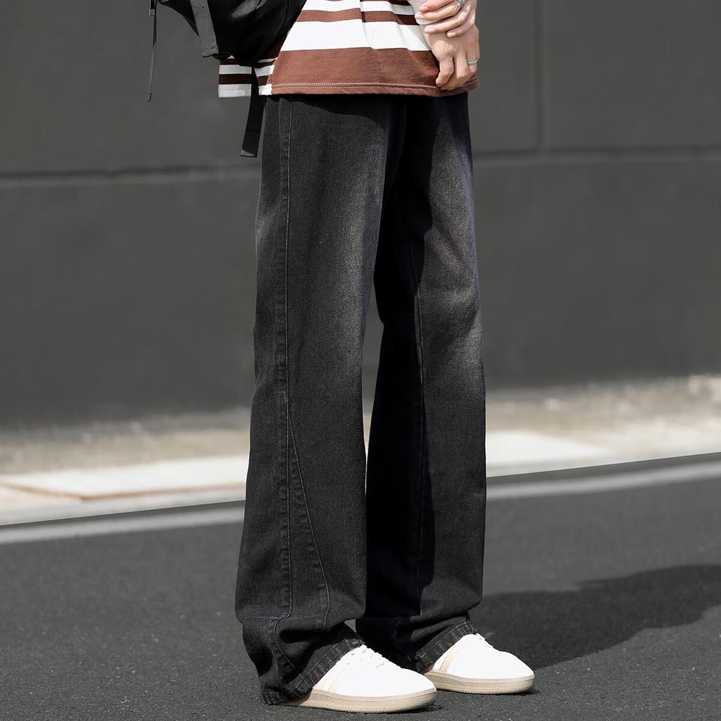 SWAMP AREA American High Street Vintage Men's Denim Jeans Spring Autumn Loose Straight Wide Leg Slight Flare Long Pants K113 Black 3XL