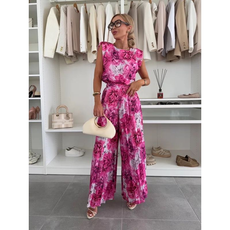 2025 European and American Summer New round Neck Flying Sleeves Top High Waist Pleated Wide Leg Casual Pants Trousers Set Women Suit