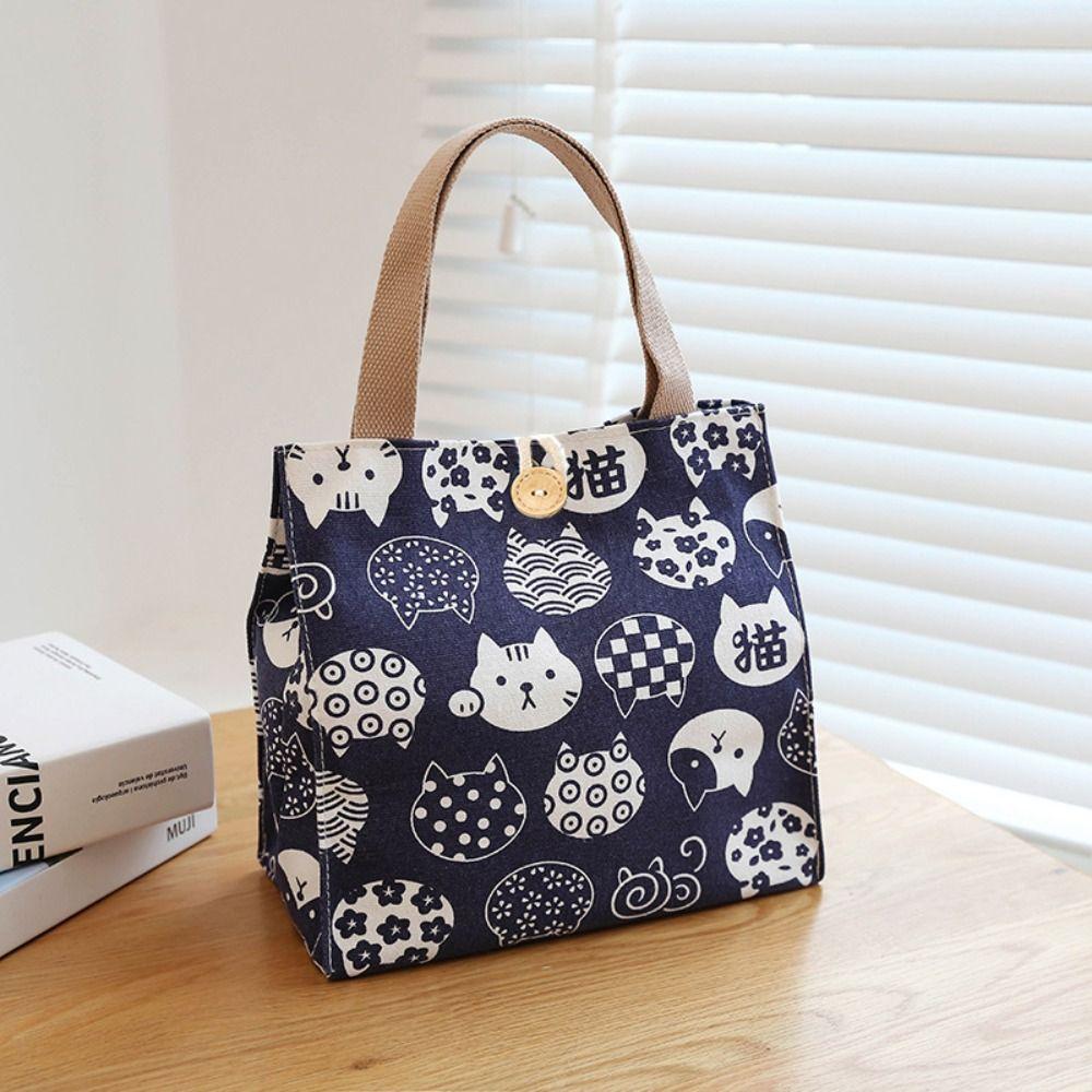 Aesthetic Printed Cat Lunch Bag Large Capacity Canvas Food Container Canvas Bags Travel Picnic Lunch Bags
