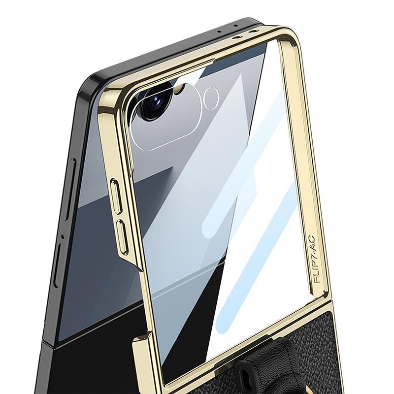 Luxury Plating Leather Strap Case for Samsung Galaxy Z Flip 7 6 Back Screen Glass Ring Holder Hard Cover for Galaxy Z Flip7 Case