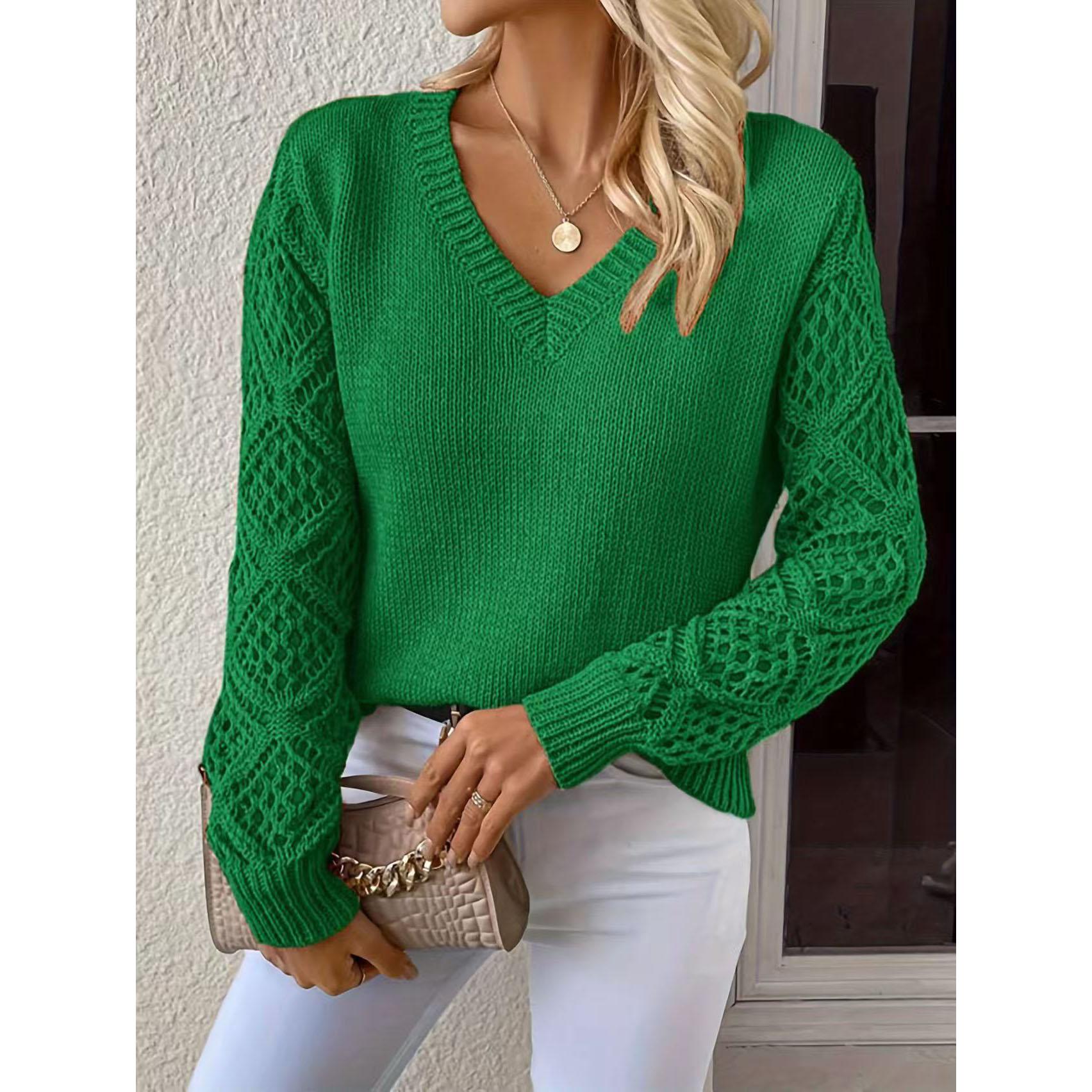 

Весна и осень женские повседневные свитера топы однотонные V-образный вырез трикотажный свитер пуловер трикотажный XL зелёный