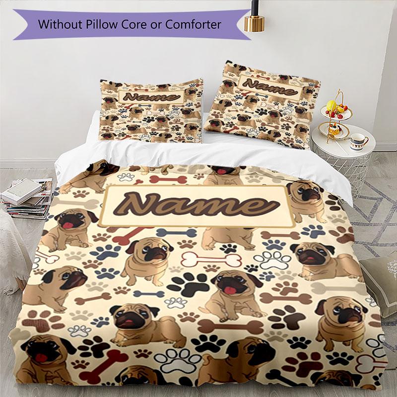 3PC Custom Name Pug Paws Bones Journal Bedding Set Duvet Cover Closure Includes 1 Duvet Cover & 2 Pillowcases for Bedroom
