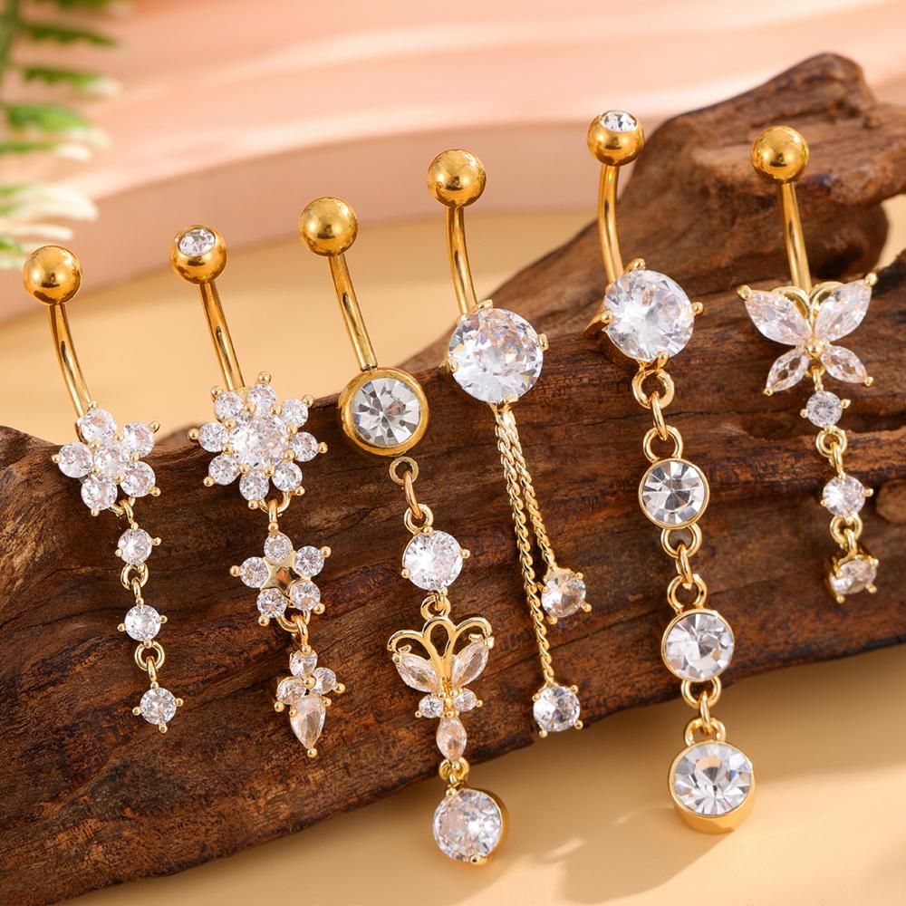 6Pcs/Set Stainless Steel Belly Piercing Rings Butterfly Chain Belly Button Ring Set Ladies Classic Dangle Jewelry Daily Wear