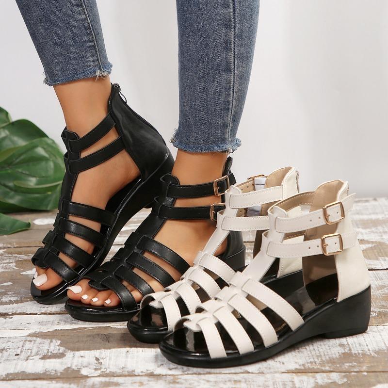 Sandals women's large size summer new wedge heel one word with open toe cool boots fish mouth hollow woven sandals