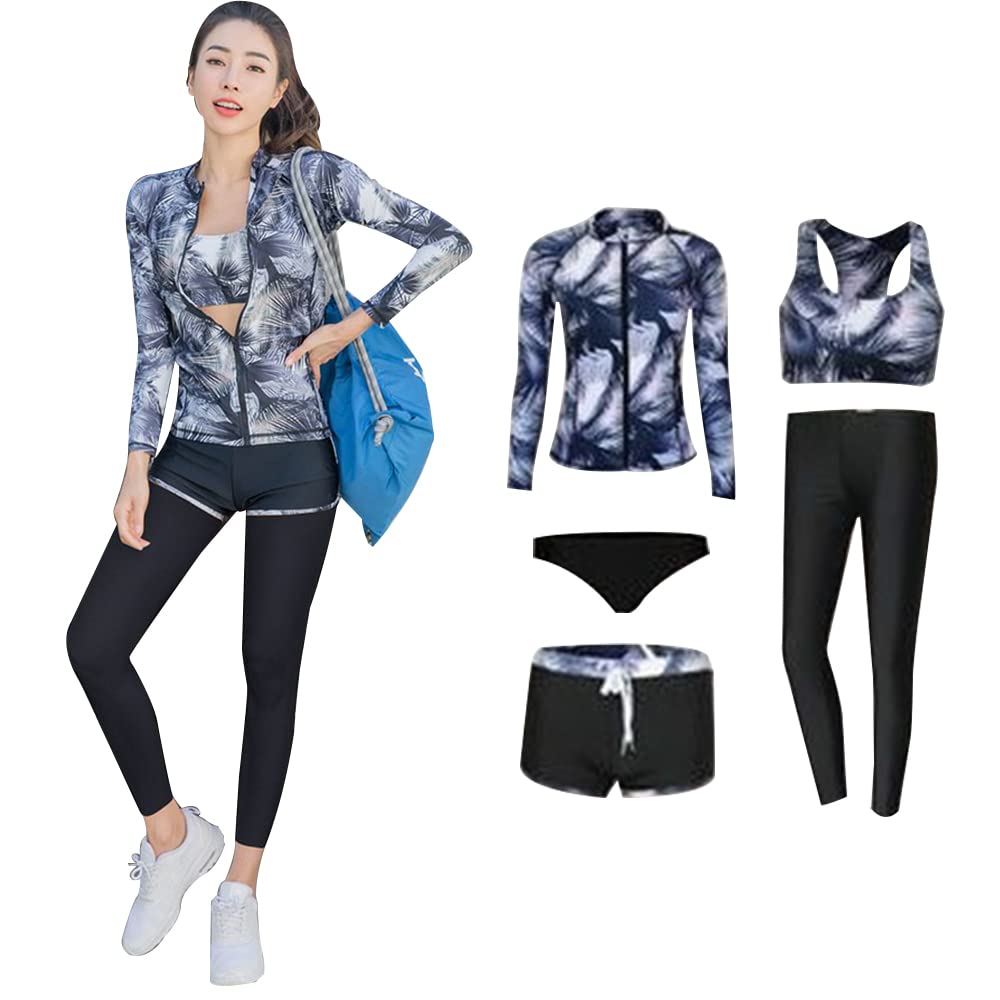 

YFMAYI Women s 5-Piece Fitness Tankini Swimsuit Set with Leggings, Long Sleeves, Front Opening, Separate Swim Pants, and Bra, Amphibious